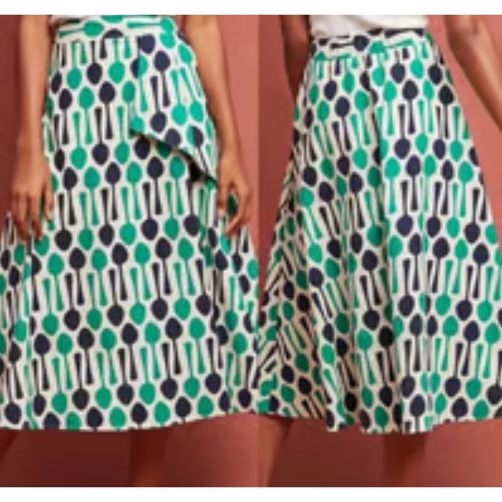 Anthropologie Eva‎ Franco Midi Skirt Size 6 Green Black Geometric Fit & Flare